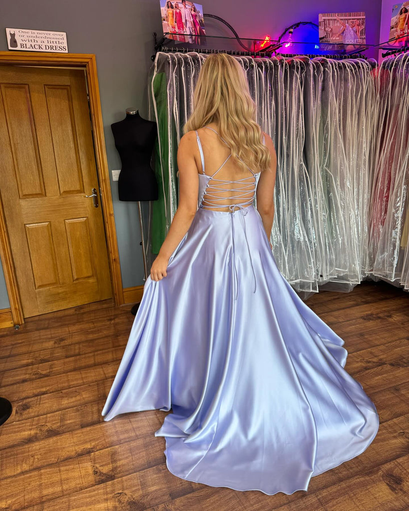 Elegant Spaghetti Straps A-line Satin Long Prom Dresses Online, OL992
