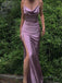 Sexy Side Slit Cowl Neck Spaghetti Strap Pleats Purple Soft Satin Chic Mermaid Prom Dress , Evening Dress , BG790