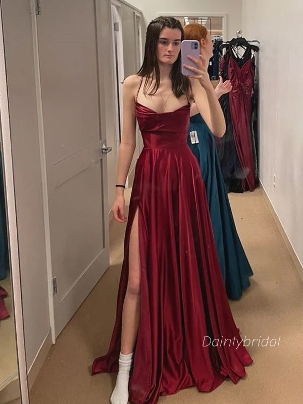 Elegant Spaghetti Straps V-neck  Side Slit Pleats Soft Satin Burgundy  A-line Prom Dress , Party Dress , BG811