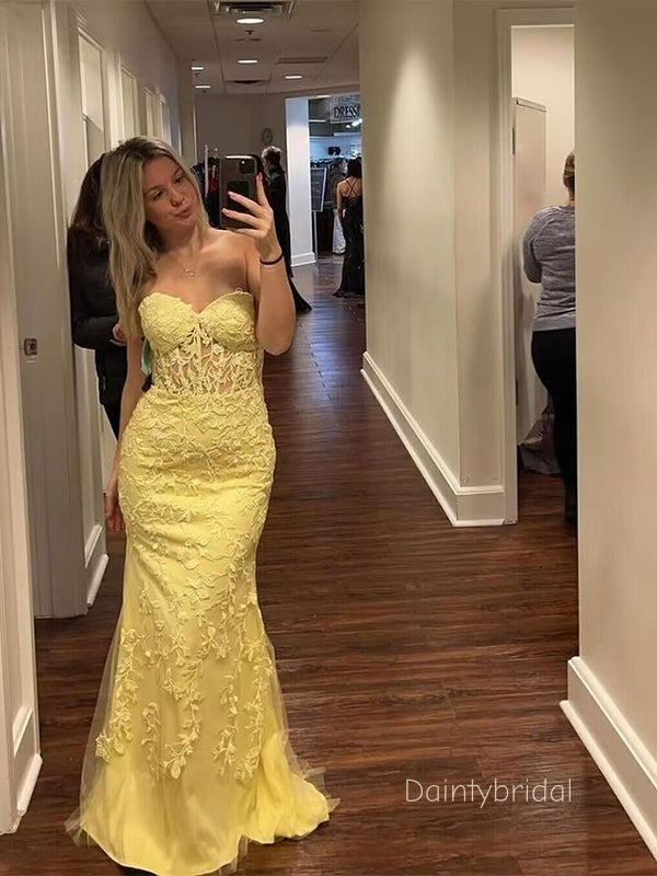Elegant Strapless Sweetheart  Applique Yellow Maxi Long Mermaid Prom Dress , Evening Dress, BG804