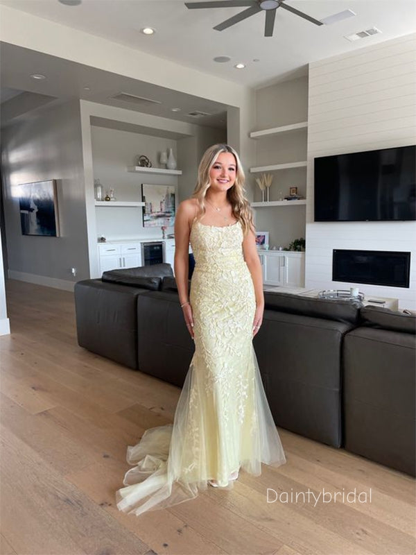 Elegant Spaghetti Straps Applique Yellow  Lace Up Maxi Long Mermaid Prom Dress , Evening Dress , BG805