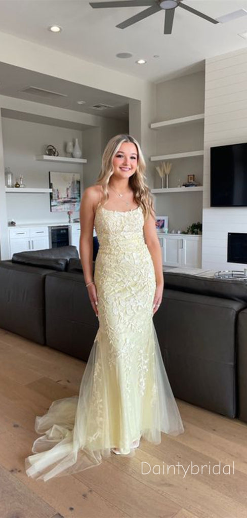 Elegant Spaghetti Straps Applique Yellow  Lace Up Maxi Long Mermaid Prom Dress , Evening Dress , BG805