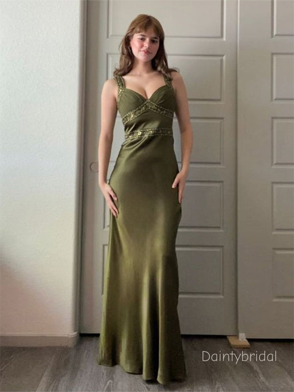 Elegant Sweetheart Beading Olive Green Soft Satin Maxi Long Mermaid Prom Dress ,Evening Dress , BG803