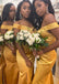 Simple Gold Off the Shoulder Mermaid Satin Long Bridesmaid Dresses with Side Slit, BG406