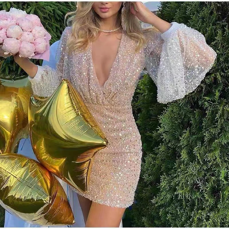 Sparkly Long Sleeves Deep V-neck Mermaid Short Homecoming Dresses, HD0643
