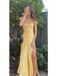 Simple Sleeveless Mermaid Satin Yellow Prom Dresses with Side Slit, OL014