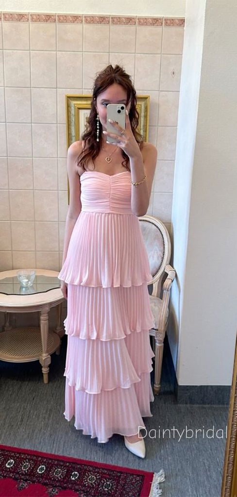 Elegant Strapless Sweetheart Ruffle Pink A-line Chiffon Prom Dress , Evening Dress  , BG799