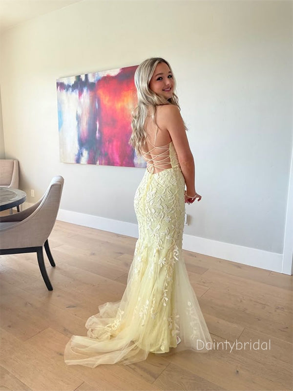 Elegant Spaghetti Straps Applique Yellow  Lace Up Maxi Long Mermaid Prom Dress , Evening Dress , BG805