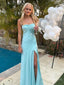Chic Spaghetti Straps Sweetheart Side Slit Blue Soft Satin Mermaid Prom Dress, Evening Dress, BG 795