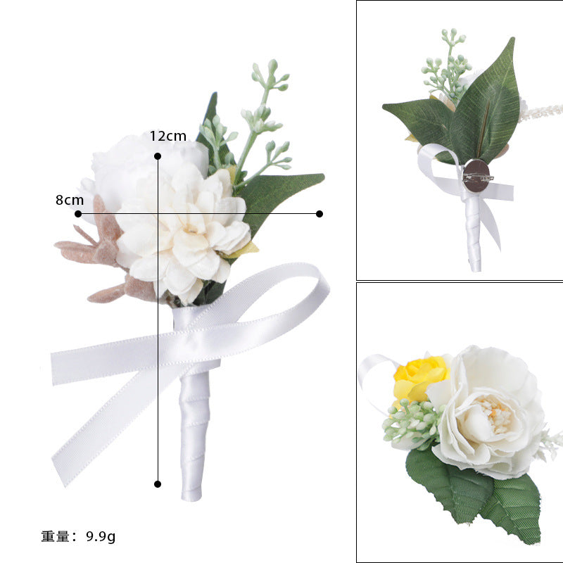 Wedding Men Boutonniere Groomsman Brooch Mori Flowers Green Leaves, CG6691