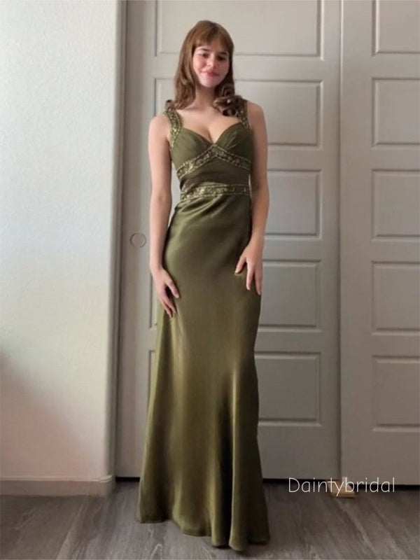 Elegant Sweetheart Beading Olive Green Soft Satin Maxi Long Mermaid Prom Dress ,Evening Dress , BG803