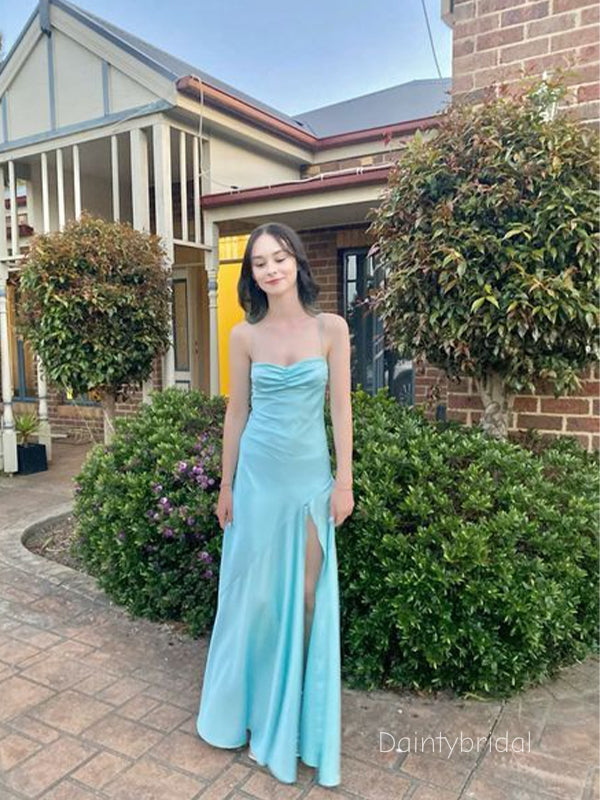 Chic Spaghetti Straps Sweetheart Side Slit Blue Soft Satin Mermaid Prom Dress, Evening Dress, BG 795