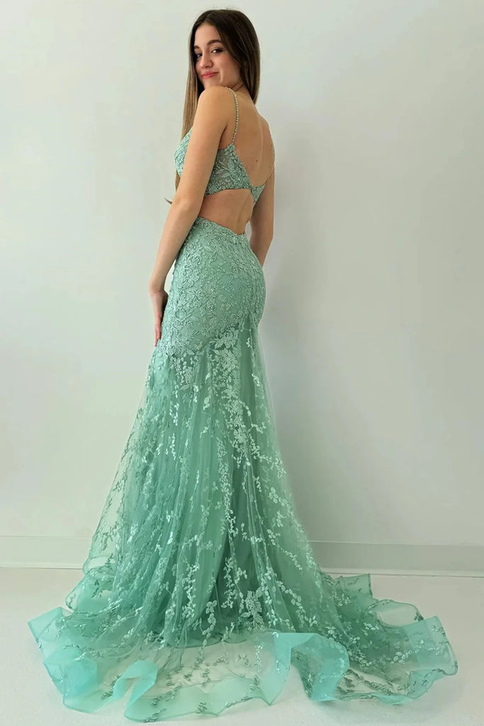 Charming Spaghetti Straps V-neck Mermaid Tulle Mint Green Long Evening Prom Dress Online, OL041