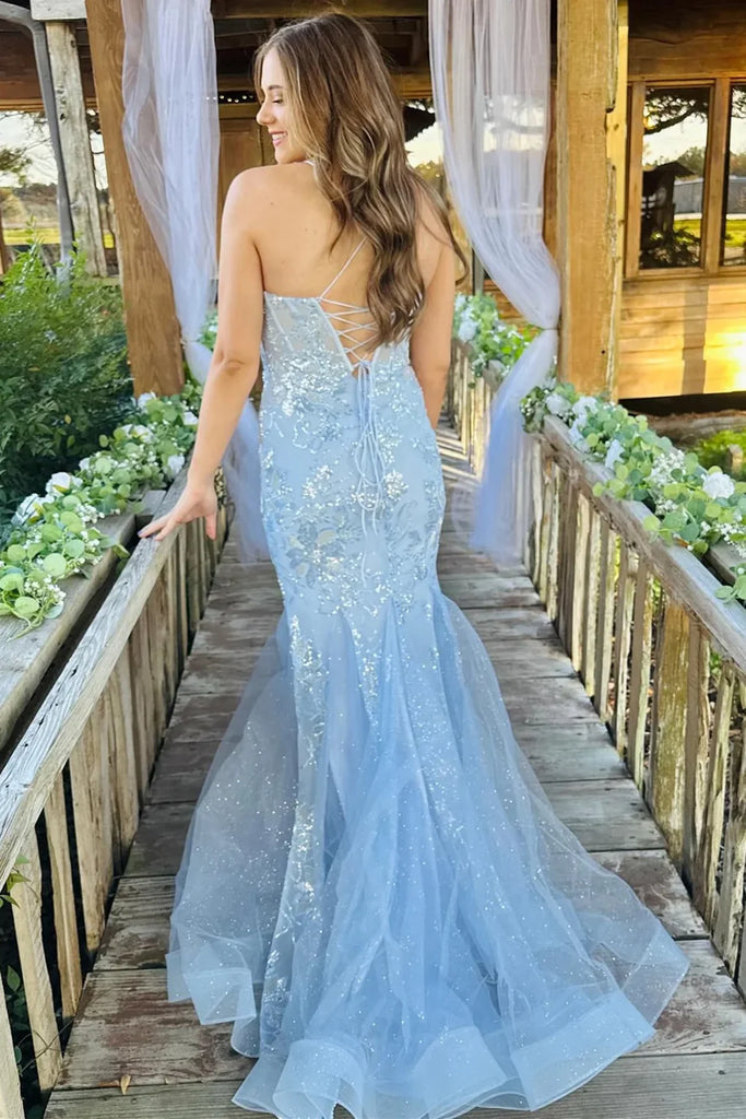 Charming Spaghetti Straps Mermaid Tulle Sky Blue Long Evening Prom Dress Online, OL039