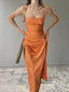 Sexy Spaghetti Straps Square Orange Lace Up Soft Satin Orange Midi Mermaid Prom Dress , Evening Dress , BG801