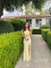 Elegant Spaghetti Strap Square Side Slit Applique Yellow Maxi Long Bridesmaid dress , BG 793