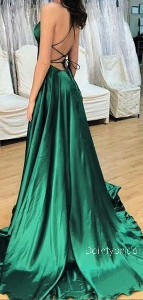 Elegant Side Slit Spaghetti Straps Lace Up Green Soft Satin A-line  Prom Dress , BG807