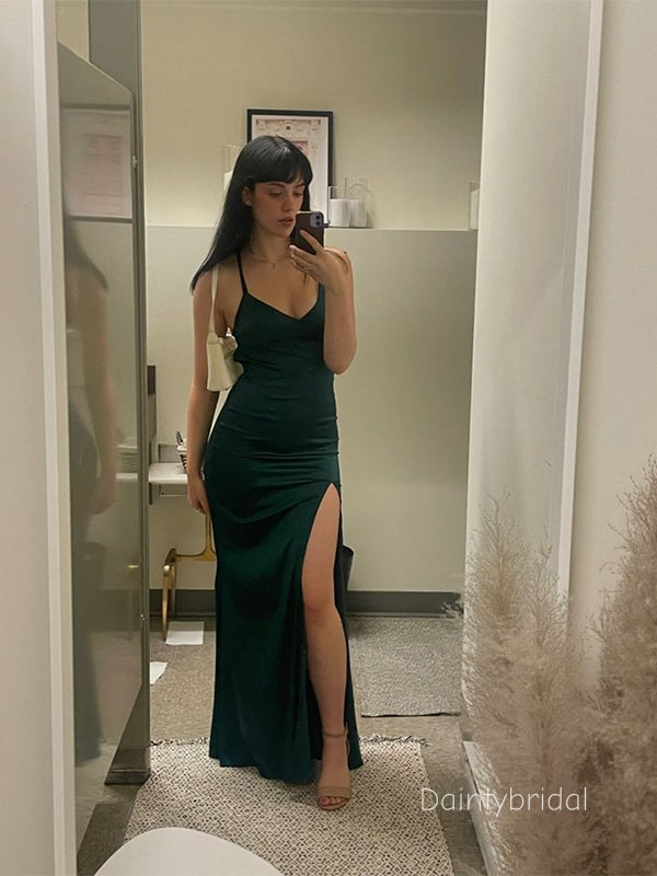 Sexy Side Slit Spaghetti Straps V-neck Green Soft Satin Maxi Long Mermaid Prom Dress , BG809