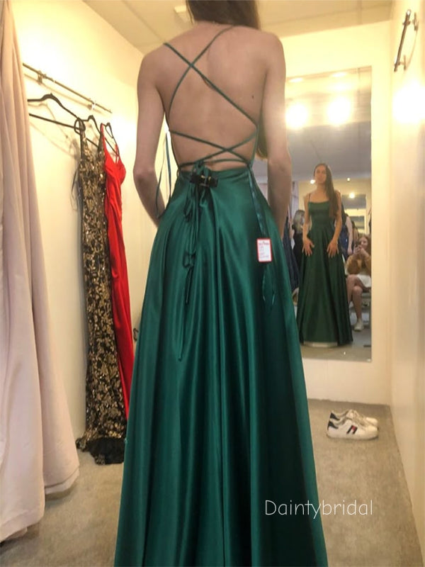 Elegant Side Slit Spaghetti Straps Lace Up Green Soft Satin A-line  Prom Dress , BG807