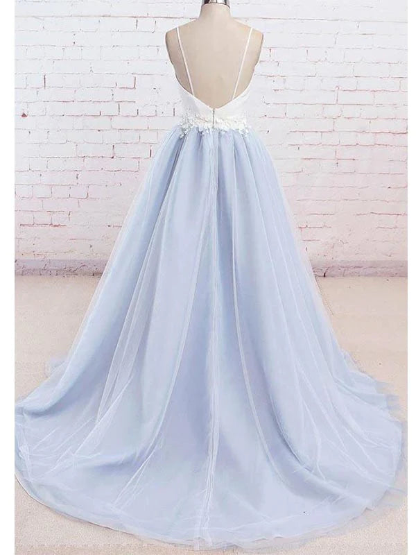 Spaghetti Straps Sweep Train Backless Light Blue Tulle Prom Dress Evening Dress OL589
