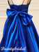 Elegant Royal Blue Spaghetti Straps Sleeveless V-neck A-line Satin Prom Dresses Evening Dress with Bowknot, OL905