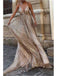 Sparkly Champagne Deep V-neck Tulle Long Prom Dress, OL683