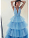 Elegant Sky Blue V-neck A-line Backless Long Prom Dress Evening Dress, OL773