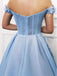 Elegant Blue Off the Shoulder Satin Flower A-line Long Prom Dresses Formal Dress, OL802