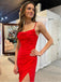 Elegant Red Spaghetti Straps Satin Sheath Long Prom Dresses Formal Dress with Side Slit, OL815