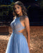 Elegant Halter A-line Sleeveless Tulle Blue Long Prom Dresses Evening Dress, OL831