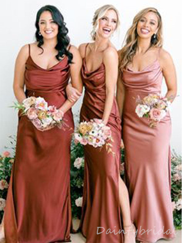 Elegant Spaghetti Straps Scoop Neck Sheath Satin Bridesmaid Dress with Side Slit customized, BG211