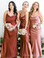 Elegant Spaghetti Straps Scoop Neck Sheath Satin Bridesmaid Dress with Side Slit customized, BG211