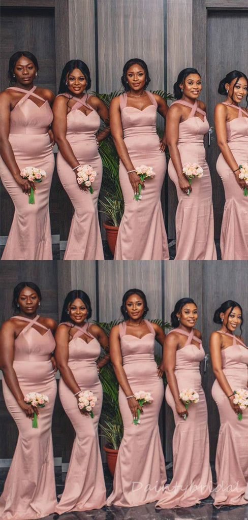 Elegant Cross Straps Mermaid Sleeveless Soft Satin Long Bridesmaid Dress customized, BG215