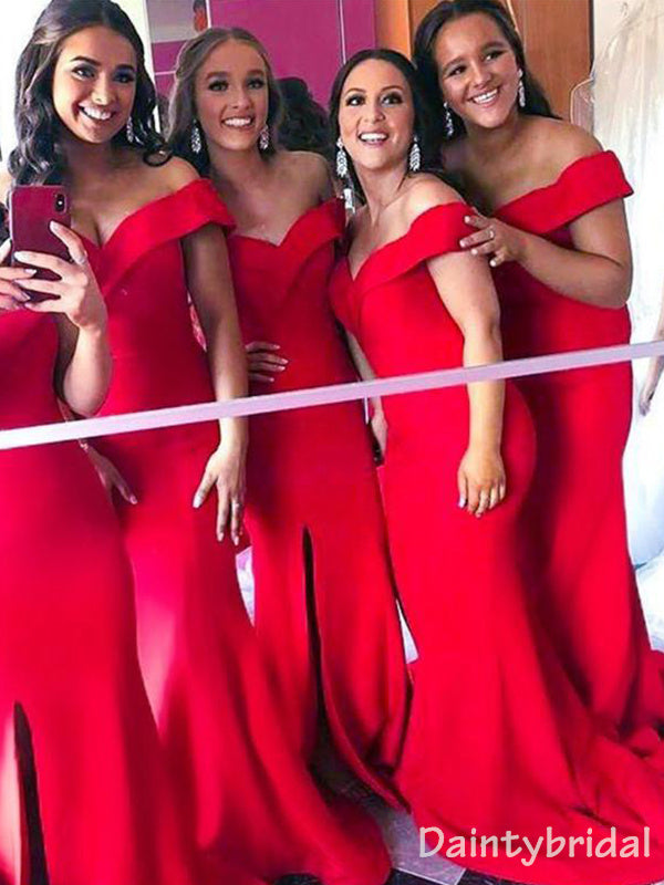 Elegant Red Off the Shoulder Mermaid Satin Long Bridesmaid Dress, BG234