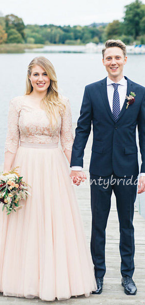 Gogerous V-neck Lace Tulle A-line 1/2 Sleeve Wedding Dresses Evening Dresses.DB10617