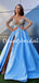 Sexy Blue Satin A-line Side Slit Prom Dresses Evening Dresses.DB10786
