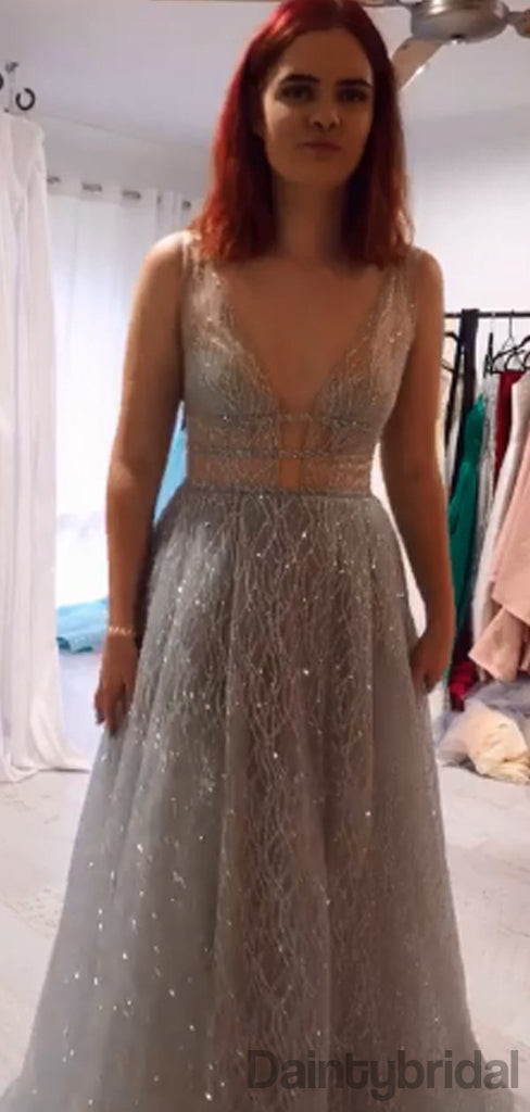 Sexy V-neck Tulle A-line Open Back Long Prom Dresses Evening Dresses.DB10317
