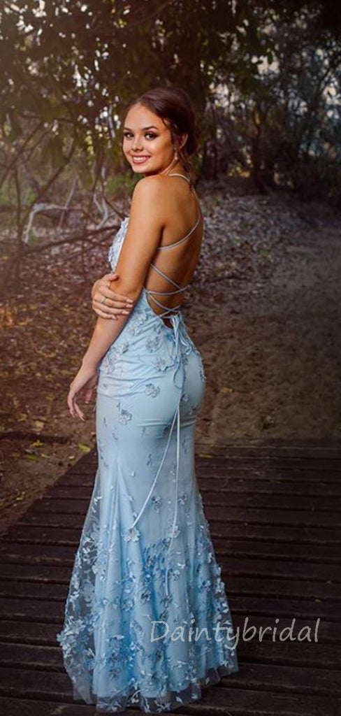 Sexy V-neck Open Back Lace Long Prom Dresses Evening Dresses.DB10351