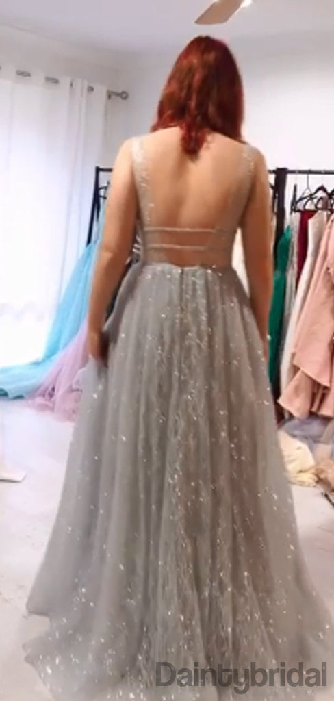 Sexy V-neck Tulle A-line Open Back Long Prom Dresses Evening Dresses.DB10317