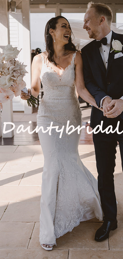 Pretty V-neck Simple Tulle Lace Mermaid Long Wedding Dresses, DB10739