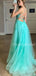 Charming V-neck Tulle Side Slit A-line Long Prom Dresses Evening Dresses.DB10510