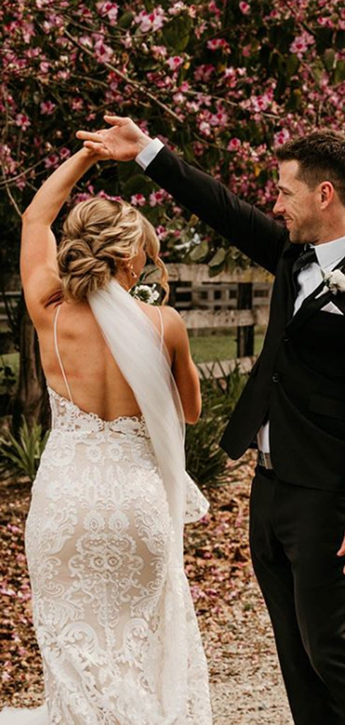 New Arrival V-neck Tulle Lace Mermaid Open Back Long Wedding Dresses.DB10480