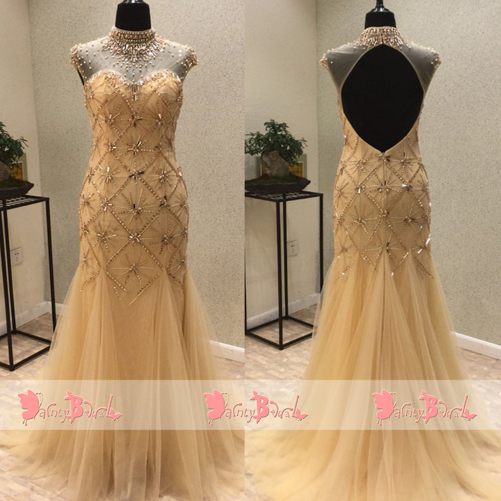 High Neck Keyhole Back Cap Sleeve Stunning Beaded Rhinestone Mermaid Prom Dresses. DB1062