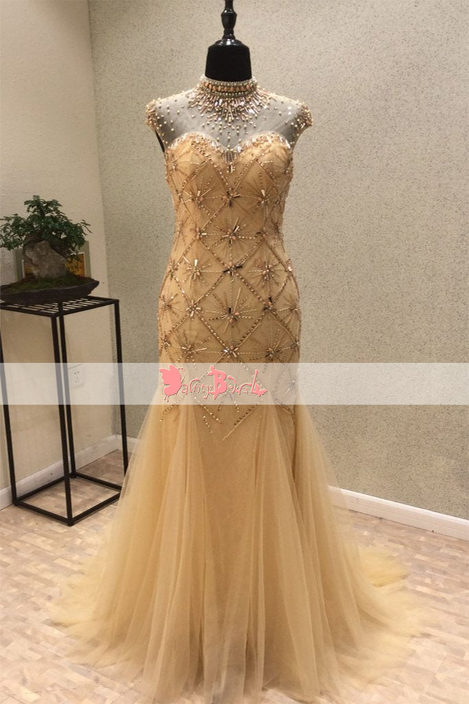 High Neck Keyhole Back Cap Sleeve Stunning Beaded Rhinestone Mermaid Prom Dresses. DB1062