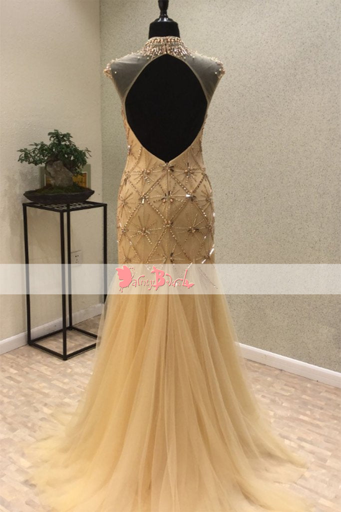 High Neck Keyhole Back Cap Sleeve Stunning Beaded Rhinestone Mermaid Prom Dresses. DB1062