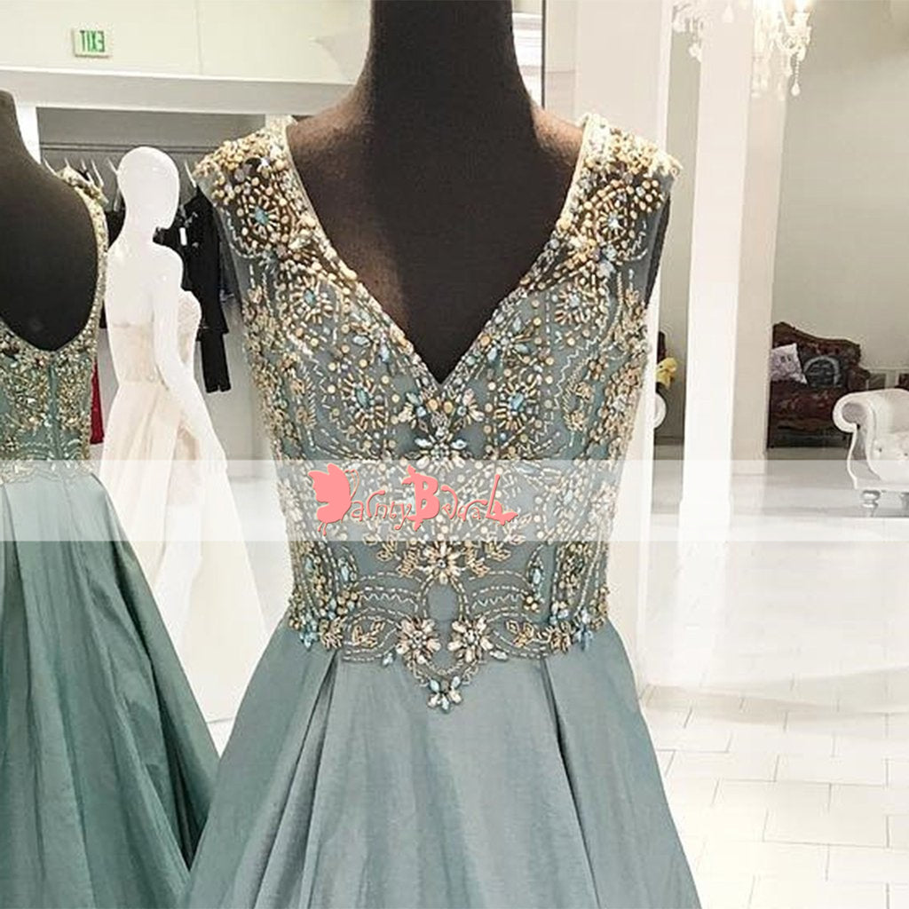 Gorgeous Beaded Top V-neck Scoop Back Sleeveless A-line For Teens Prom Dresses. DB1068