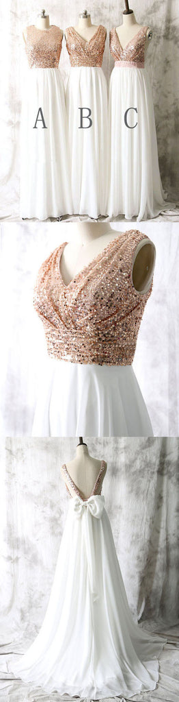 Mismatched Sequin Top White Chiffon Sleeveless Long Column Bridesmaid Dresses For Wedding, WG17