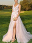 Elegant V-neck Applique Tulle Prom Dress with Side Slit, DB11015
