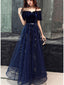Elegant Velvet TUlle Long Formal Navy Blue Prom Dress, DB11036