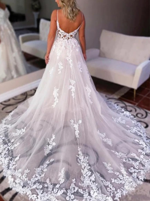 Spaghetti Straps V-neck Applique Tulle Wedding Dress, WD0443